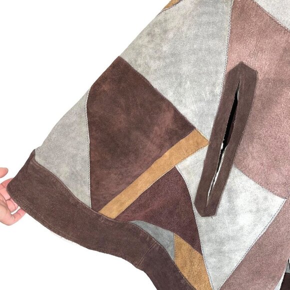 Vintage Handmade Suede Patchwork Poncho Womens One Size Pullover Slit Pockets - Picture 5 of 12
